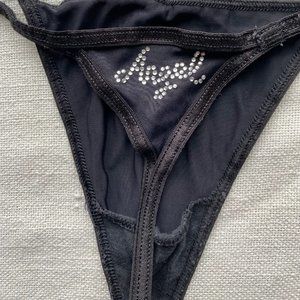 Vintage Victoria's Secret Angel Black Thong V String, Small, Rhinestone, 2003